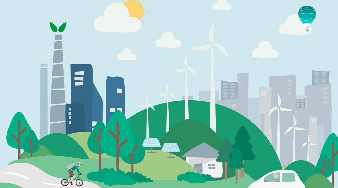 Ilustración de ciudad sostenible con turbinas eólicas